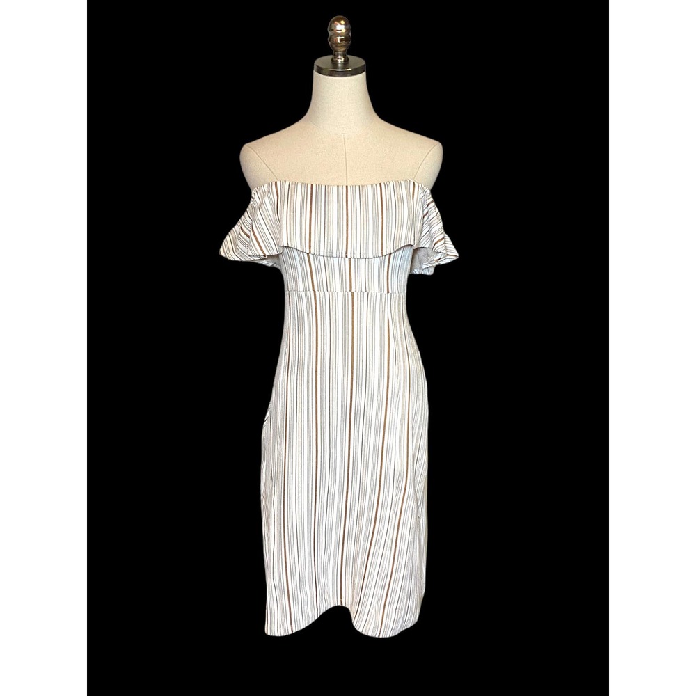 Zara Off the Shoulder Dress Bodycon Midi White Tan Stripes S